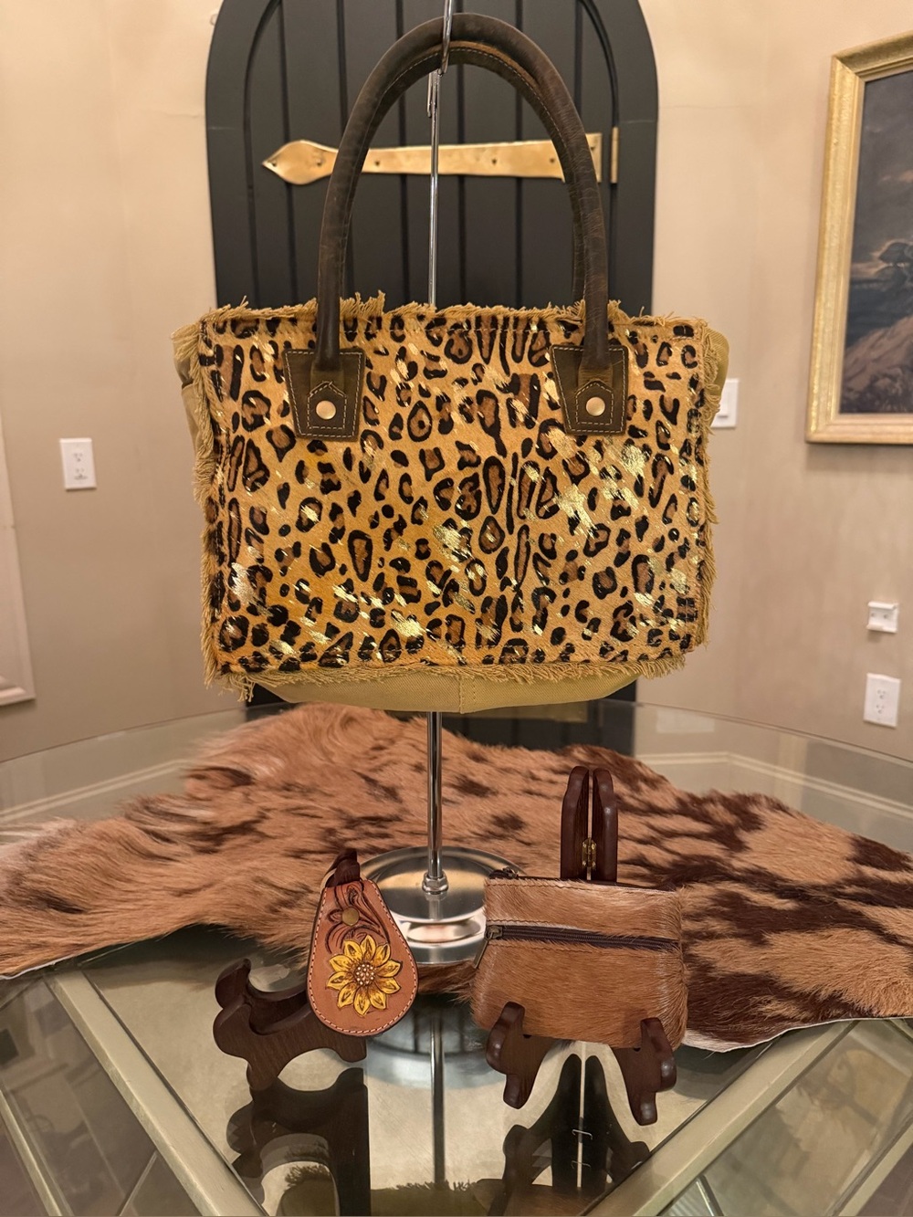 Myra Bag Leather & Cowhide Hair On Leopard Fringe Tote Handbag Bag Keychain